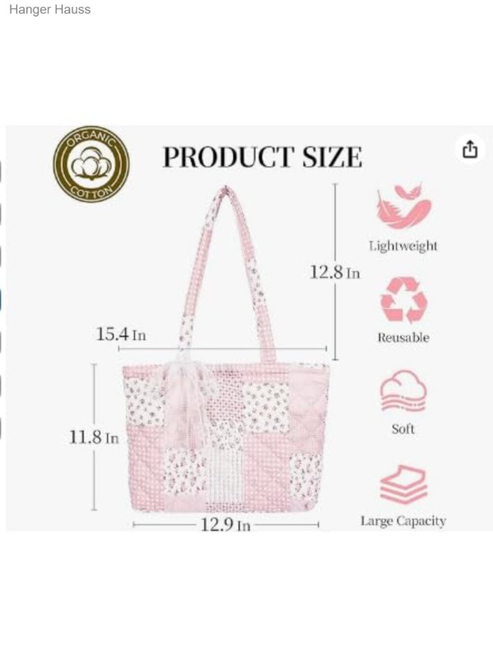 Quilted Floral Tote Bag for Women, Soft Lightweight Shoulder Bag with Pockets - Picture 3 of 6